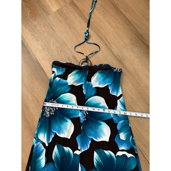 Y2k vintage tropical floral ring halter maxi dress resort hawaiian 4 turquoise - Picture 6 of 7